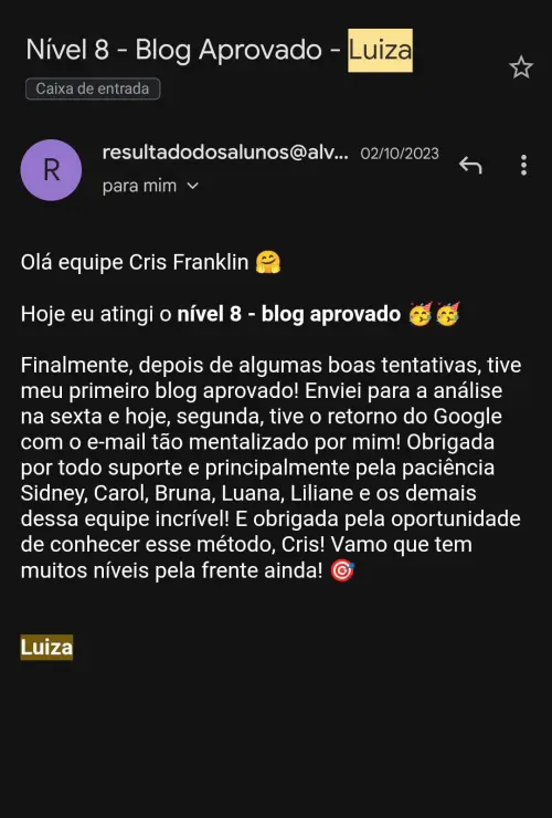 Resultado de Luiza na Mentoria Alvo 10K — blog aprovado